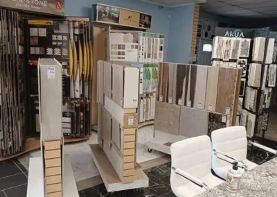 Interior of a tile and stone store with various samples displayed